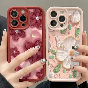 Bloom Oil Painting with Rhinestone & Crescent Moon TPU Silicone Phone Case, Bumper Protective Cover Compatible with iPhone X, XS, 11, 12, 13, 14, 15, 16, 17 Pro Max Plus Air