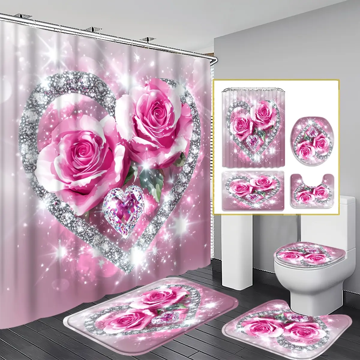 4-Piece pink rose shower curtain set, shiny pink rose love bathroom decoration, including floor mat, U-shaped mat, toilet cover cover and 12 hooks, flower gifts, home decoration, bathroom accessories
