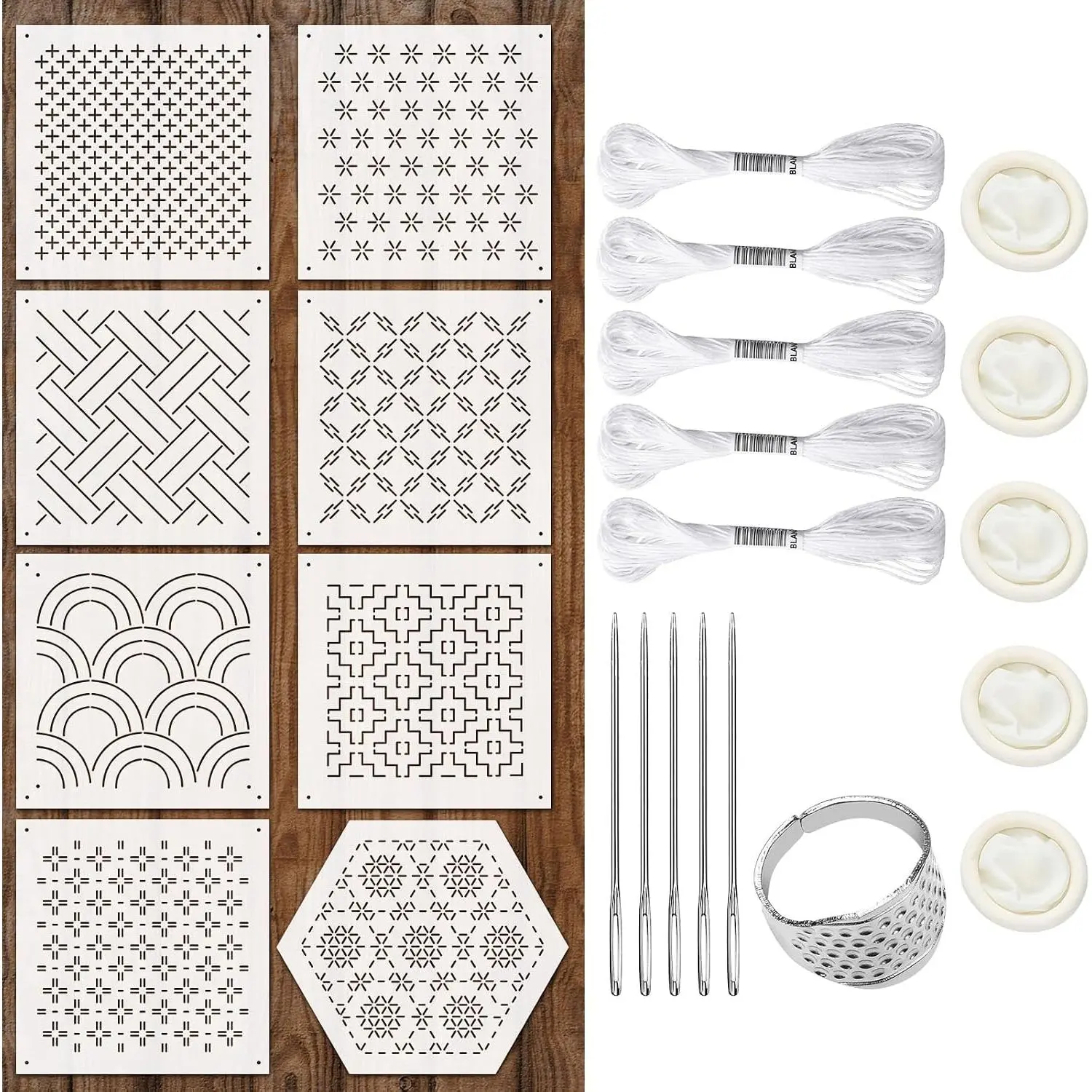 24 count 4.7 x 4.7 Inch Plastic Sashiko Stencil Kit with Sashiko Thimble and  Thread Geometric  Template Drawing Line Embroidery  for Hand Quilting and Embroidery