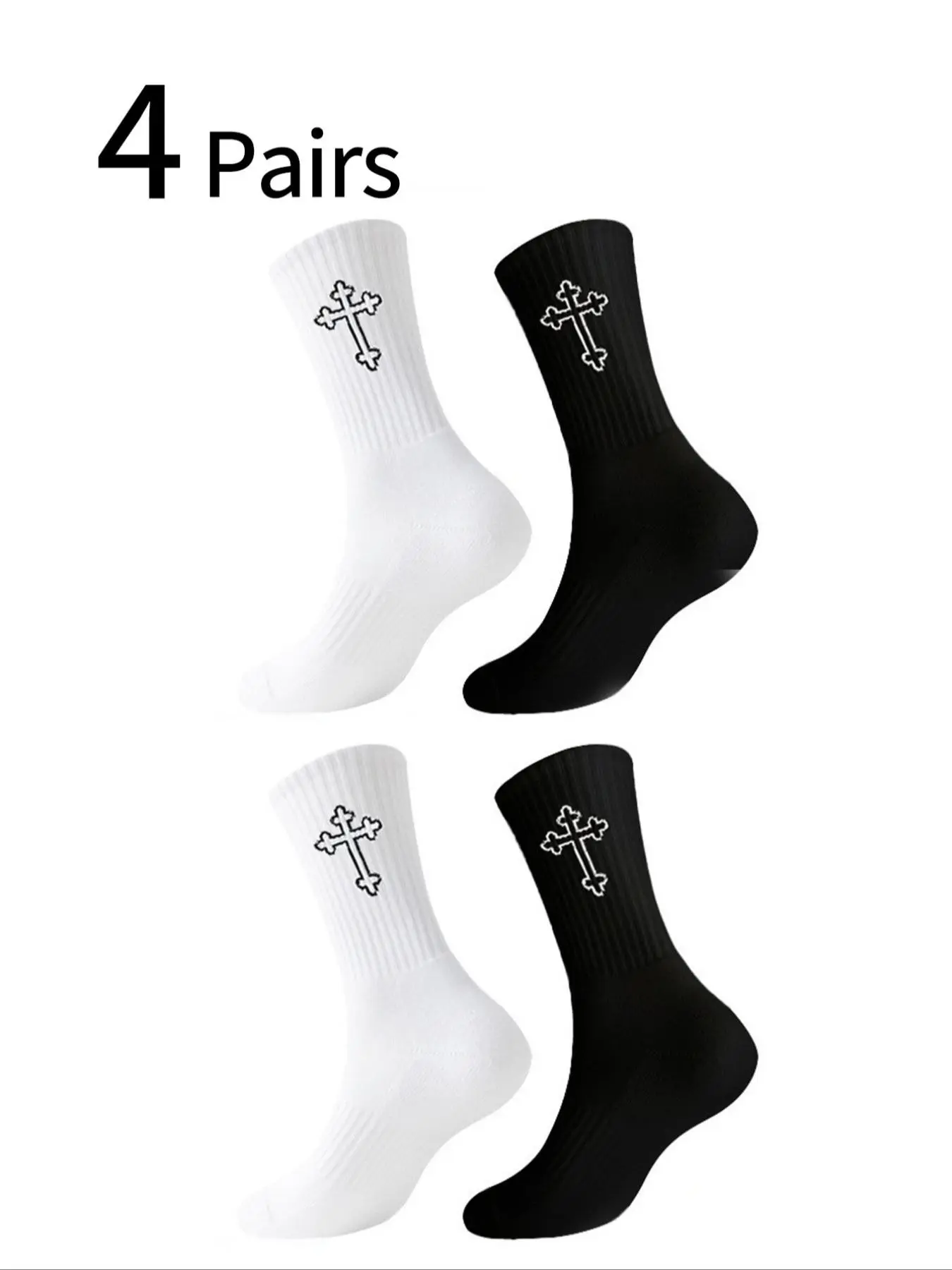 4 Pairs Men's Sports Socks, Cross Design, Spring Summer, Basketball Socks, College Style, Comfortable Soft, All Seasons