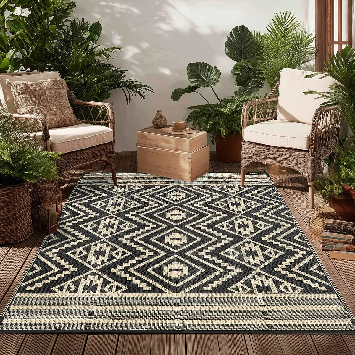 Waterproof Outdoor Carpet 6'x9' Feet, Geometric Pattern, Reversible Plastic Grass Mat, Ideal for Camping, Patio, Backyard, Picnic