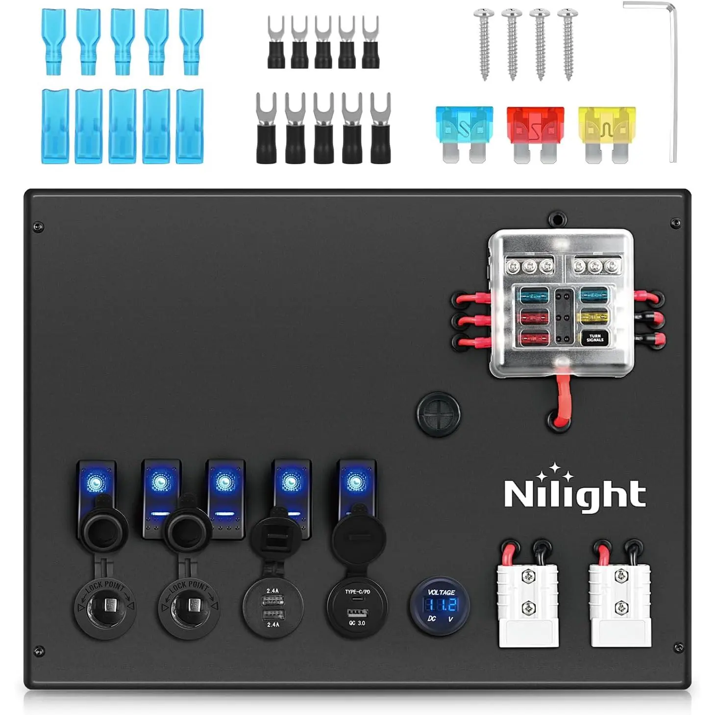 Nilight 12V-24V Dual Voltage Aluminum Waterproof Power Center - 8-Gang Panel with Waterproof Fuses, Switches, 12V USB Charging Ports, LED Volt Meter, Anderson Connector for Camping, Cars, Mobile Phones, DIY Stickers