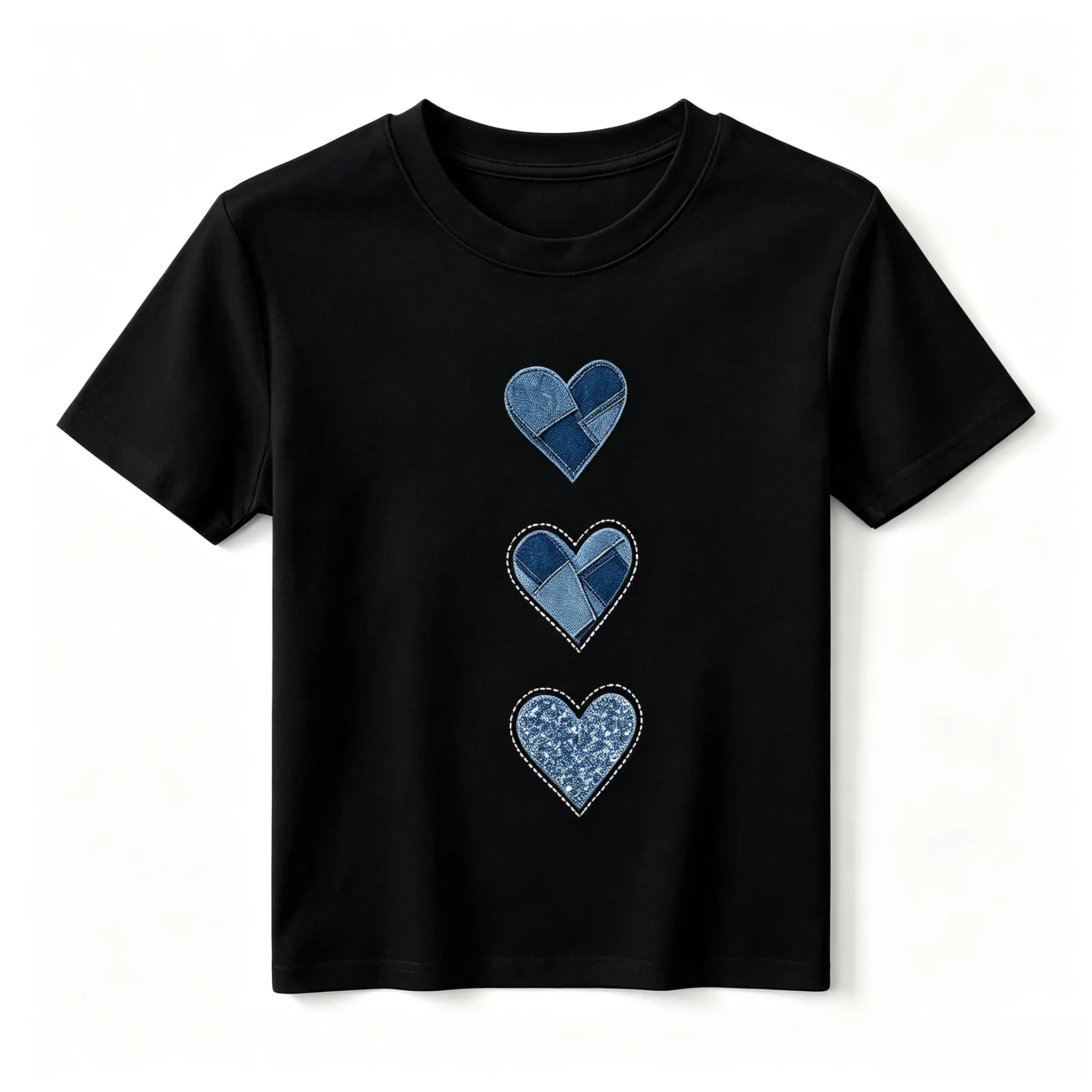 Denim Heart Graphic Tee Women Oversized White Shirt Patchwork Heart Print Casual Summer Top