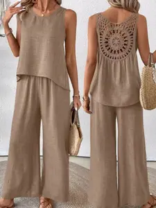 Vacation Style Casual Oversize Solid Two-Piece Outfit Set, Asymmetrical Hem Backless Sleeveless Top + Loose Fit Wide Leg Pants