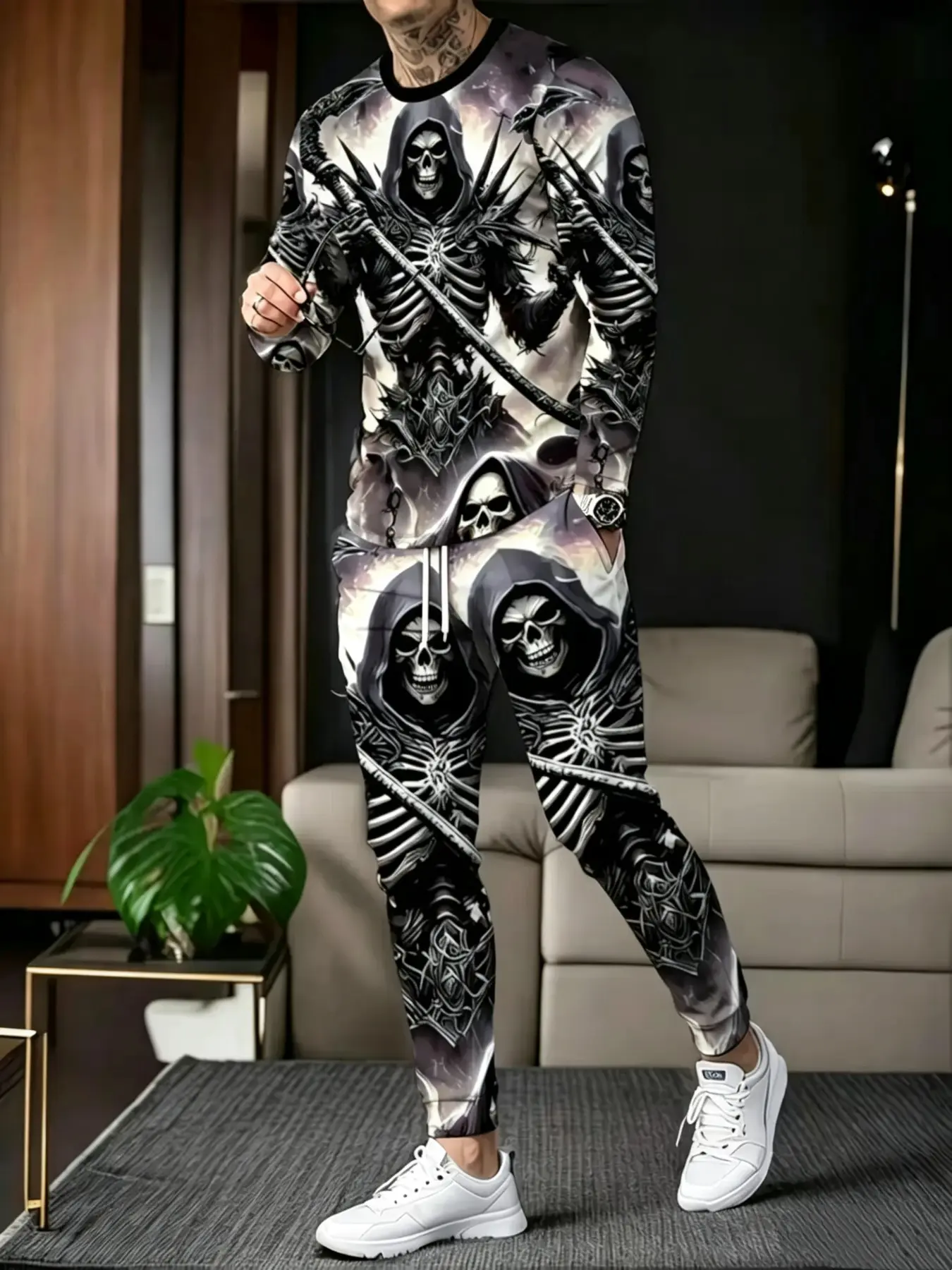 Halloween Men's Two-Piece Set, Horror Grim Reaper Skull Print Party, Dark Gothic Halloween Fashion, Casual Crewneck Set