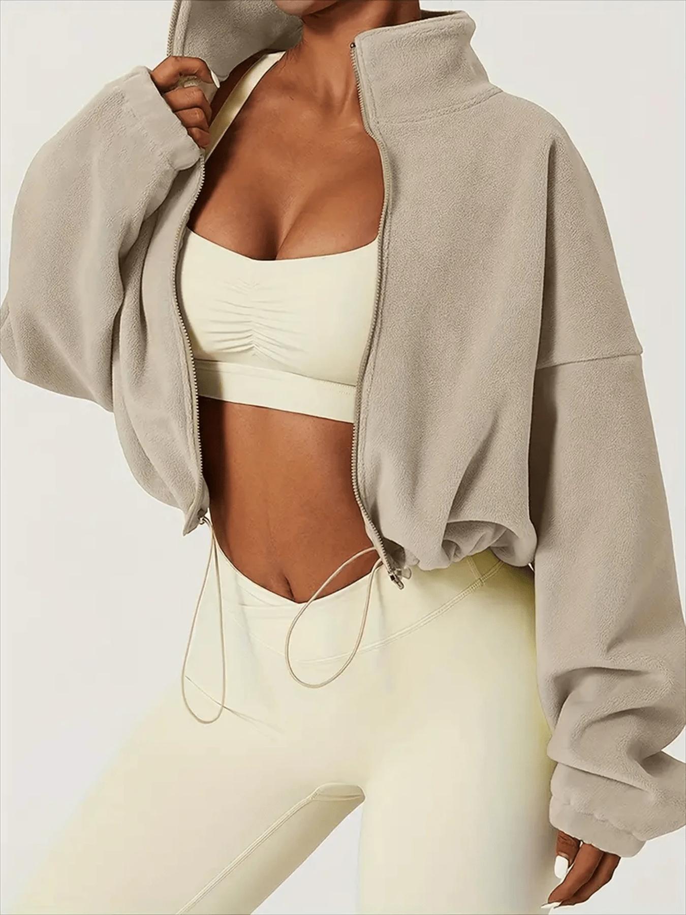 Women's Autumn Winter Fleece Jacket, Sporty Stand Collar Zipper Pocket Design, Casual Warm Loose Short Coat for Ladies, Daily Wear Outerwear