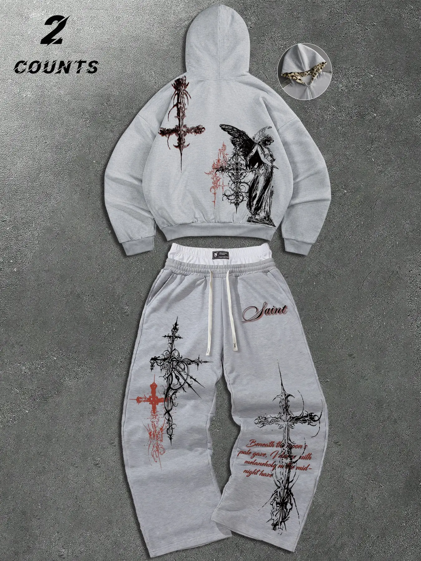 2-Piece Y2K Gothic Cross & Angel Tracksuit Set | Cropped Leopard Hooded Sweatshirt & Baggy Wide-Leg Sweatpants | Unisex Dark Opium Streetwear Fit