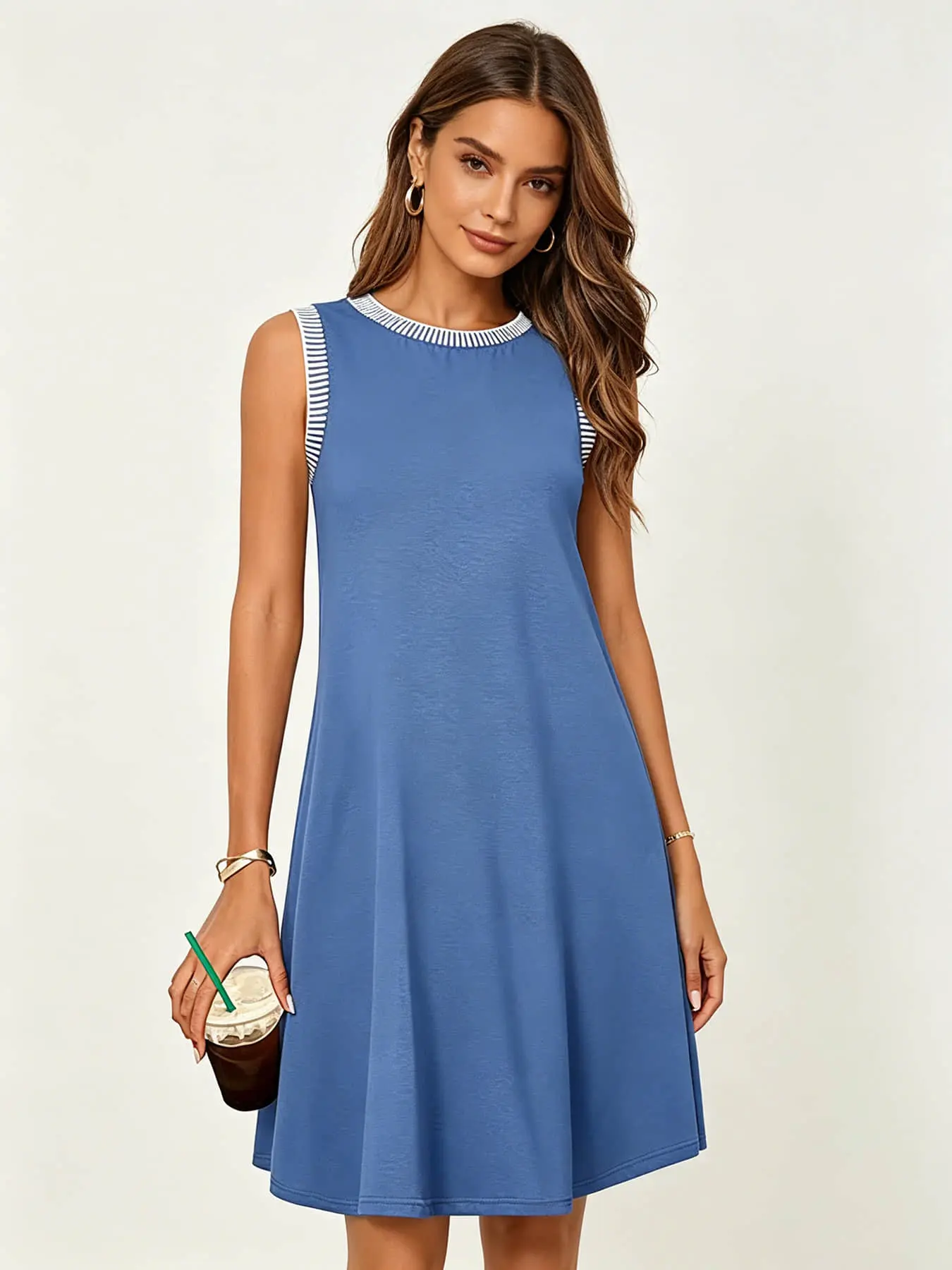 A women's fashionable and gentle casual simple sleeveless Beachwear Dress with contrasting striped edging design, suitable for summer, beach vacation, weekend dinner, shopping and dressing.