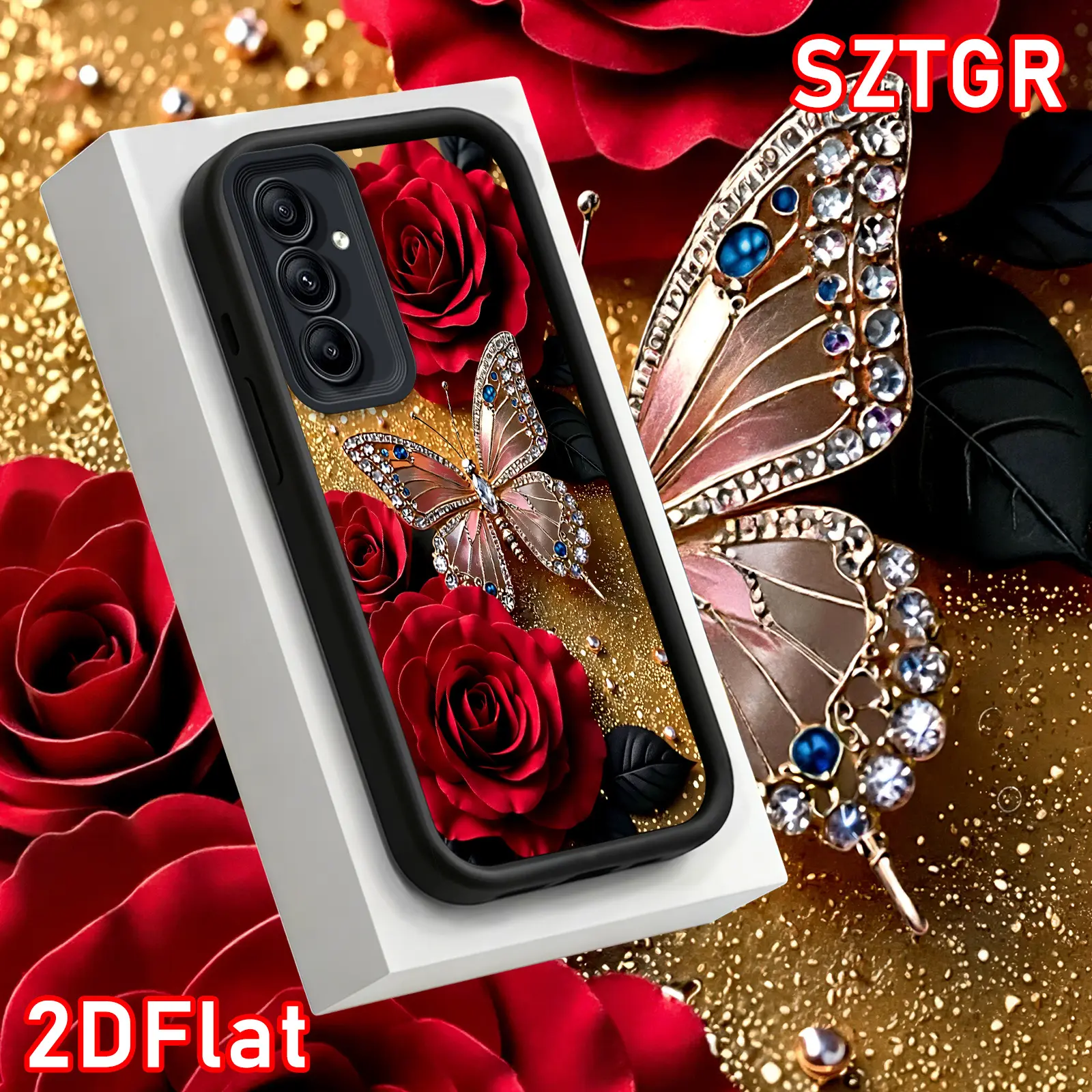 Phone Case - 2D Phone Case Red Rose Golden Butterfly Phone Elegant Luxury Style for Galaxy S26 S25 S24 S23 S22 S21 Fe Plus Ultra A13 A14 A15 A16 A17 A33 A34 A35 A36 A52 A53 A54 Note20 for Her Elegant Phone Fashion Protective Anti-Scratch