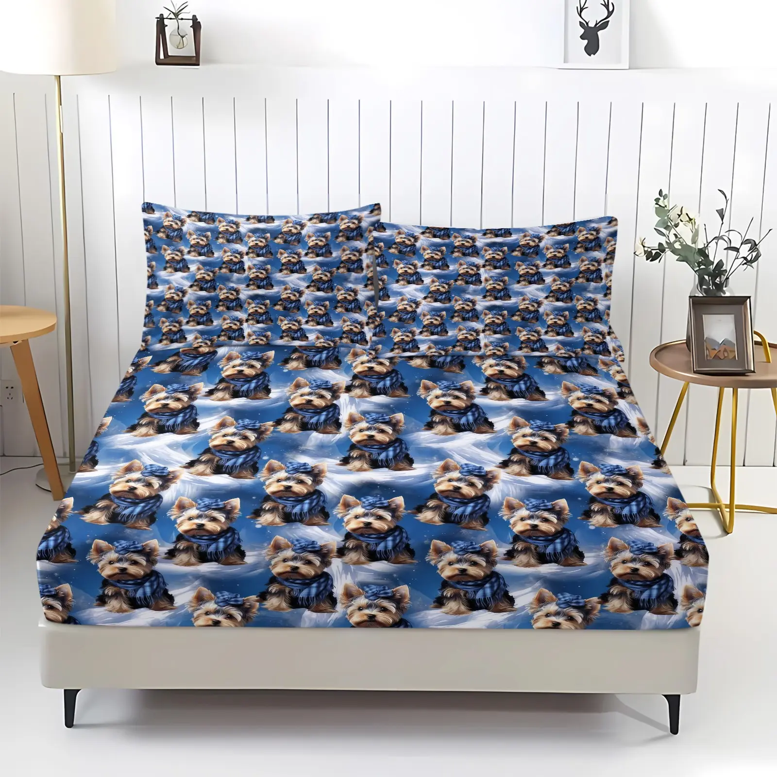 3pcs Cute Yorkshire Terrier Printed Fitted Sheet Set, Adorable  Animal Theme Bedding Set, Soft Microfiber Bed Sheet, 1 Bedding Sheet+2 Coreless Pillowcases, Deep Pocket Design, Breathable And Durable, Suitable For Children And Teenagers' Bedroom Decor