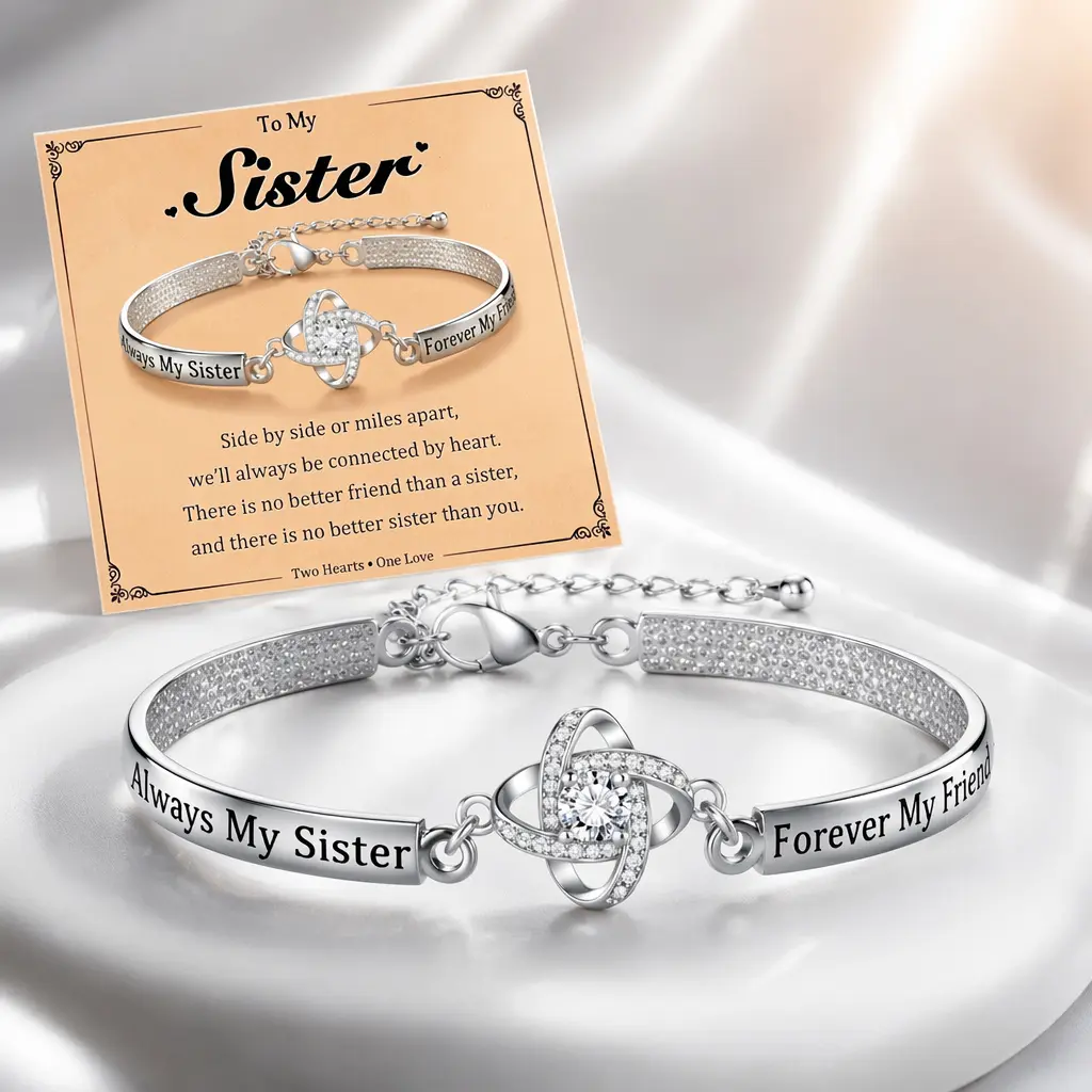 Engraved Sister Bracelet for Women, Adjustable Silver-Tone Alloy Bangle with Zirconia, Always My Sister Forever My Friend Jewelry Gift for Birthday Christmas, Unbreakable Bond Keepsake for Soul Sister Best Friend, with Gift Card