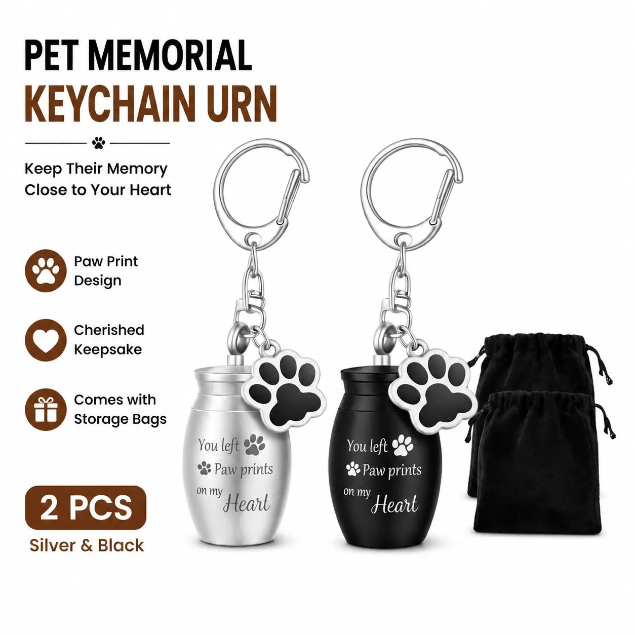 2 Pcs Pet Dog Urns Keychain for Ashes with 2 Storage Bags Small Cat Cremation Keepsake Jewelry Paw Print Memorial