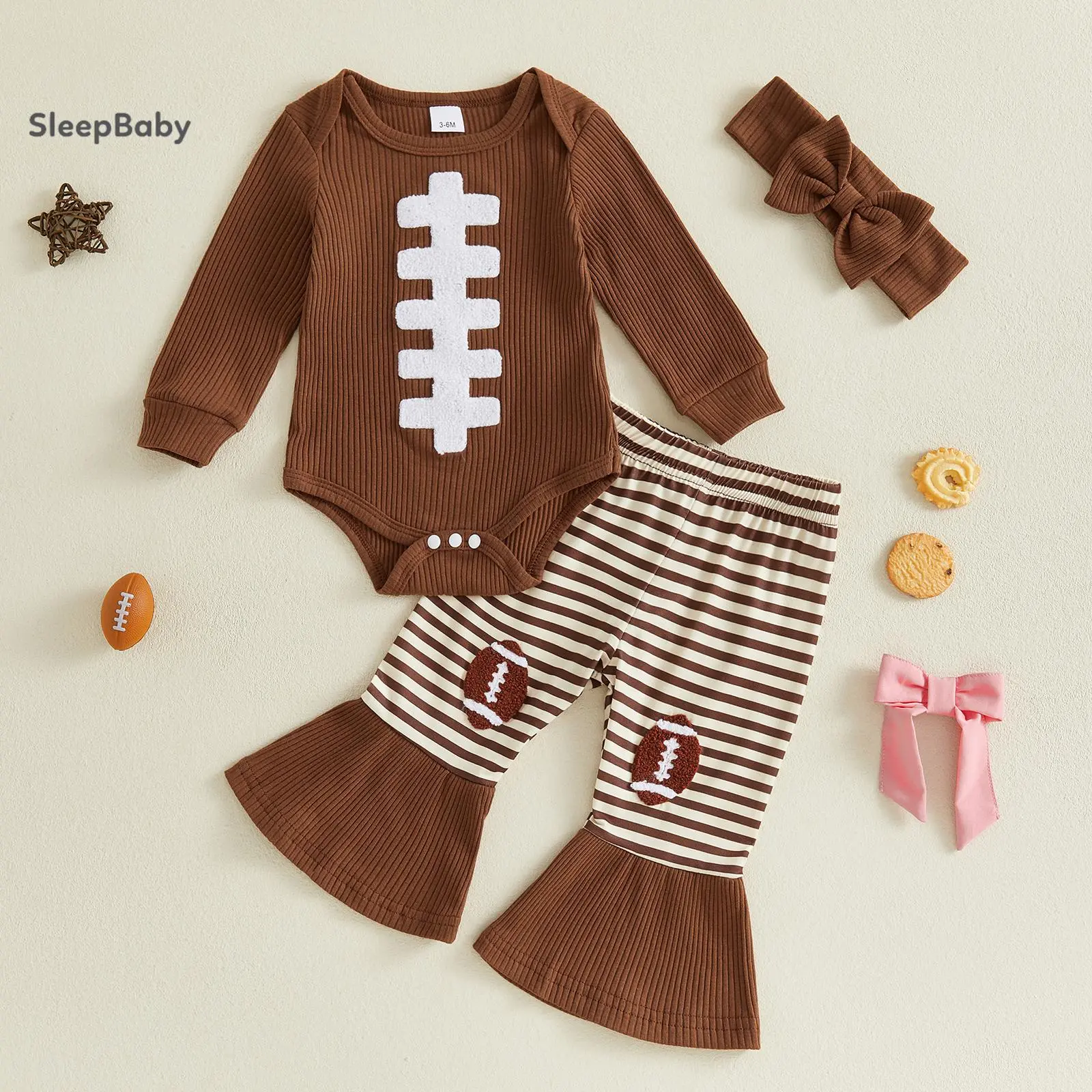 3PCS Newborn Baby Girl Knit Outfit Set Vertical Ribbed Long Sleeve Bodysuit with Ball Shape Applique Brown Cream Striped Flare Bell Bottom Pants Stretchy Bow Headband Soft Infant Fall Daily Playwear Baby Shower Gift