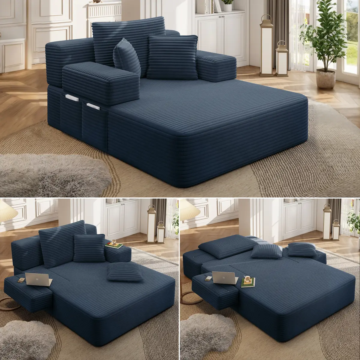 Blue Cozy Corduroy 2-in-1 Convertible Deep Chaise Floor Sofa Bed Sleeper - 48.5" W x 60.2" D x 28.4" H, Square Arm Ergonomic Modern Lounger, Pocket Spring High-Density Foam, 300lbs Capacity, Space Saver Beds, Small Space Solutions, Side Pocket, Pillows