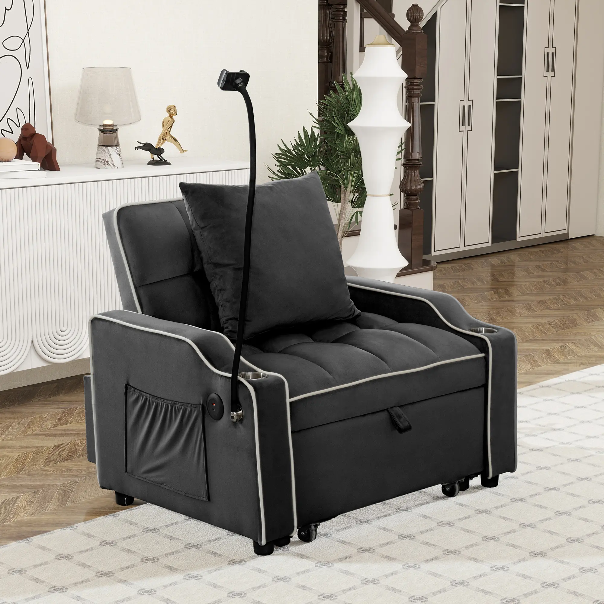 ARCH Convertible Single Chair Bed 3 in 1 Velvet Futon Sleeper Sofa Bed with Phone Holder USB Ports Pull Out Couch Bed Adjustable Recliner Armchair Bed for Living Room Office Small Spaces Black, Black Color Options, Velvet Material