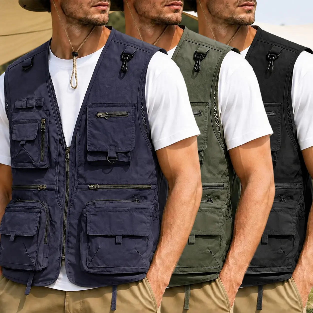 Veiskor Men's Journalist Photography Vest Multi Pockets Mesh Sleeveless Zip Up Utility Cargo Vest Outdoor Hiking Camping Fishing Travel Breathable Lightweight Gilet