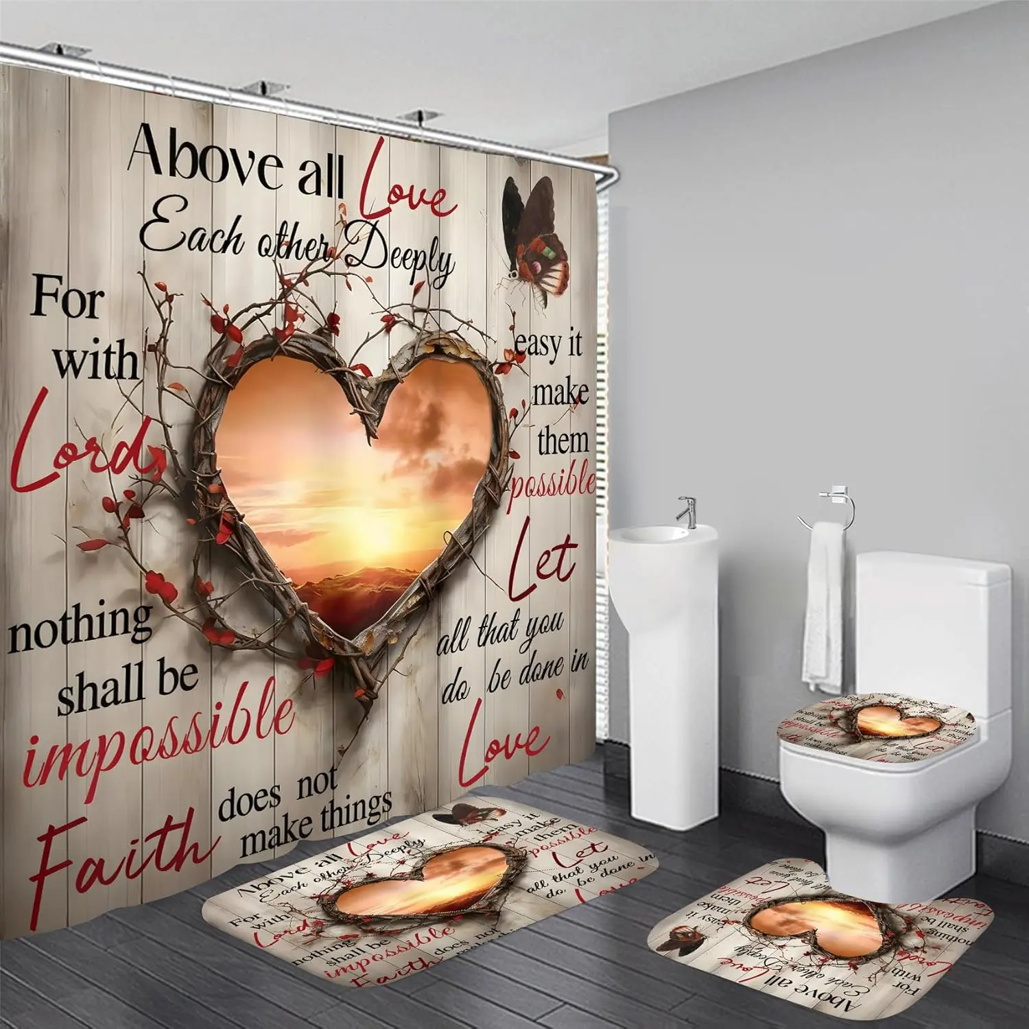 Shower Curtain Set Sunset Bathroom Sets with Rugs | Bath Curtain with 12 Hooks, Non-slip Rug, Bath Mat, Toilet Lid Cover, Bathroom Decor Accessories for Home Toilet Washroom
