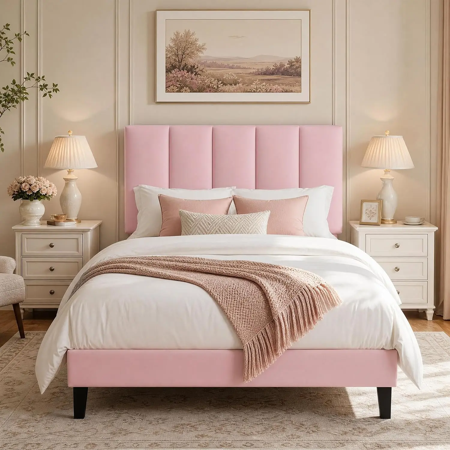 Twin / Full / Queen Size Bed Frame, Velvet Upholstered Platform Bed with Adjustable Vertical Channel Tufted Headboard, No Box Spring Needed, Easy Assembly, Pink