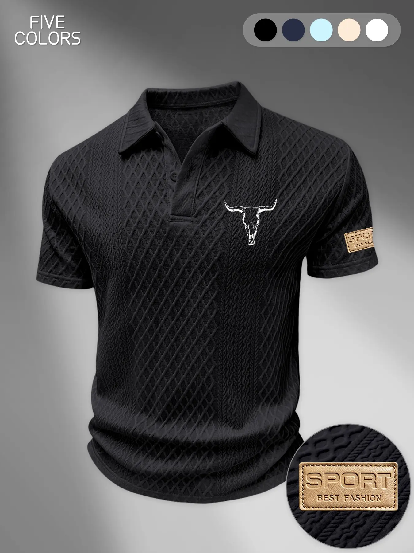 Men's Textured Bull Icon Print Polo Shirt, Summer Breathable Business Commute Sport Short Sleeve, Lightweight Fitted Collar T-Shirt, Summer Polos, Mens Polo Shirts