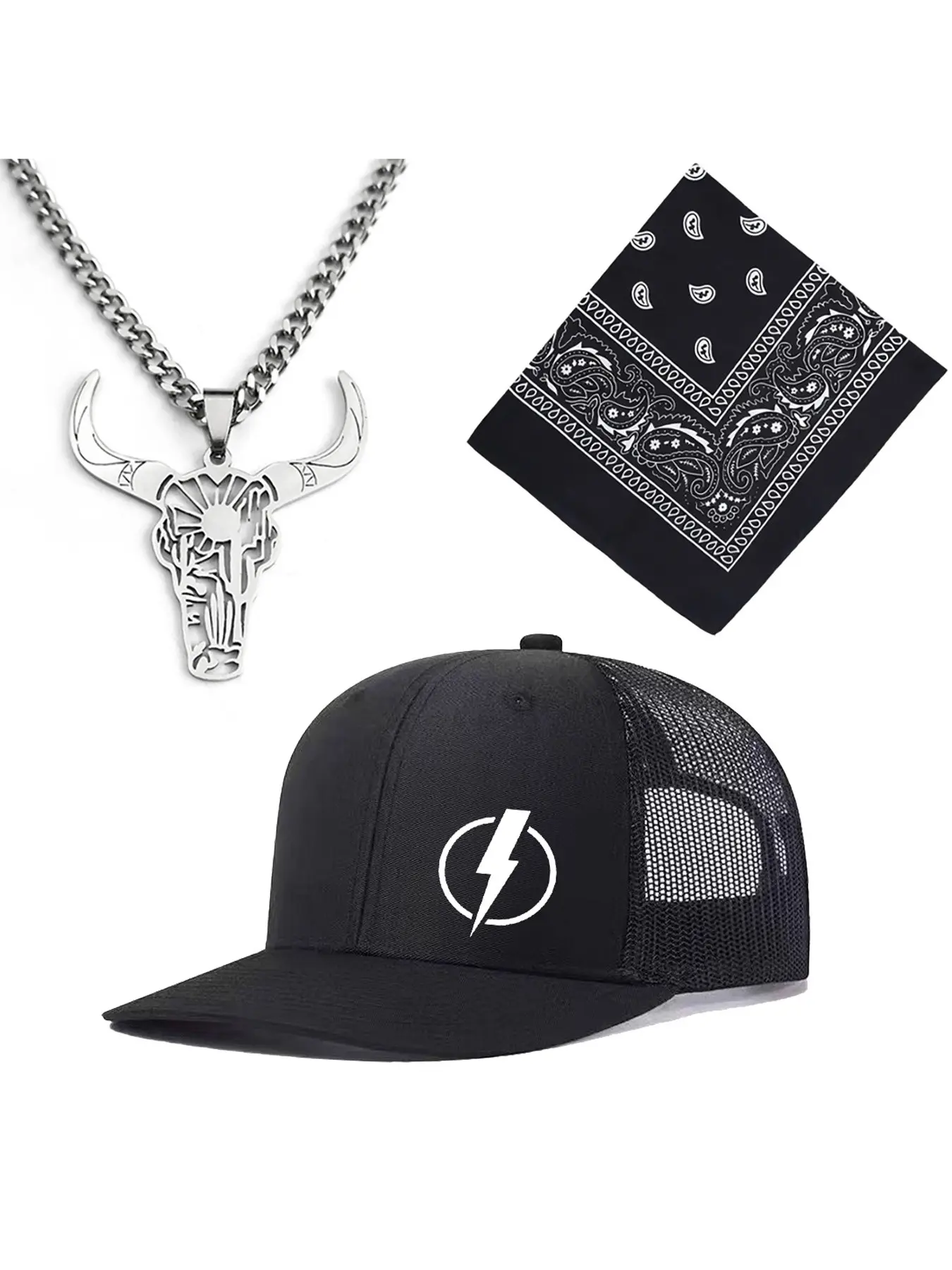Mesh Keywords 1pc Bull Head Necklace+1pc Scarf +1pc Unisex Baseball Cap Adjustable ...