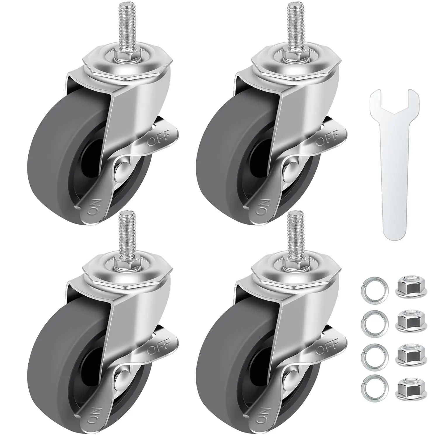Caster Wheels, 3" Locking Swivel Threaded Stem Casters Set of 4| 3/8"-16 x 1" (Screw Diameter 3/8", Length 1")Casters with 360 Degree No Noise Wheels for Furniture and Workbench