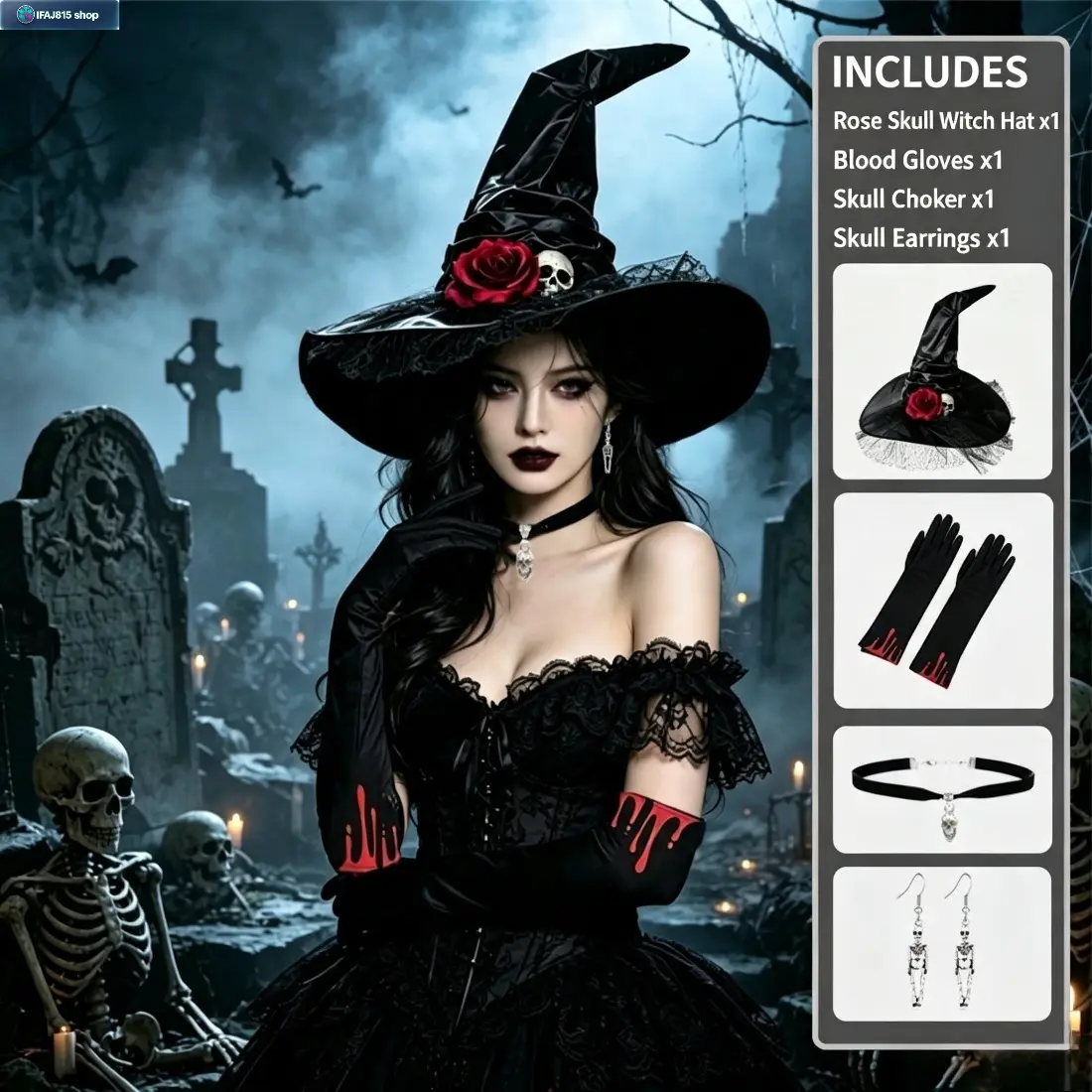 Halloween Witch Accessories Kit for Women Girls, 4PCS Black Witch Costume Set with Hat Gloves Spider Necklace Temporary Tattoo Stickers, Gothic Cosplay Party Supplies for Halloween Dress Up, Trick or Treat & Spooky Events