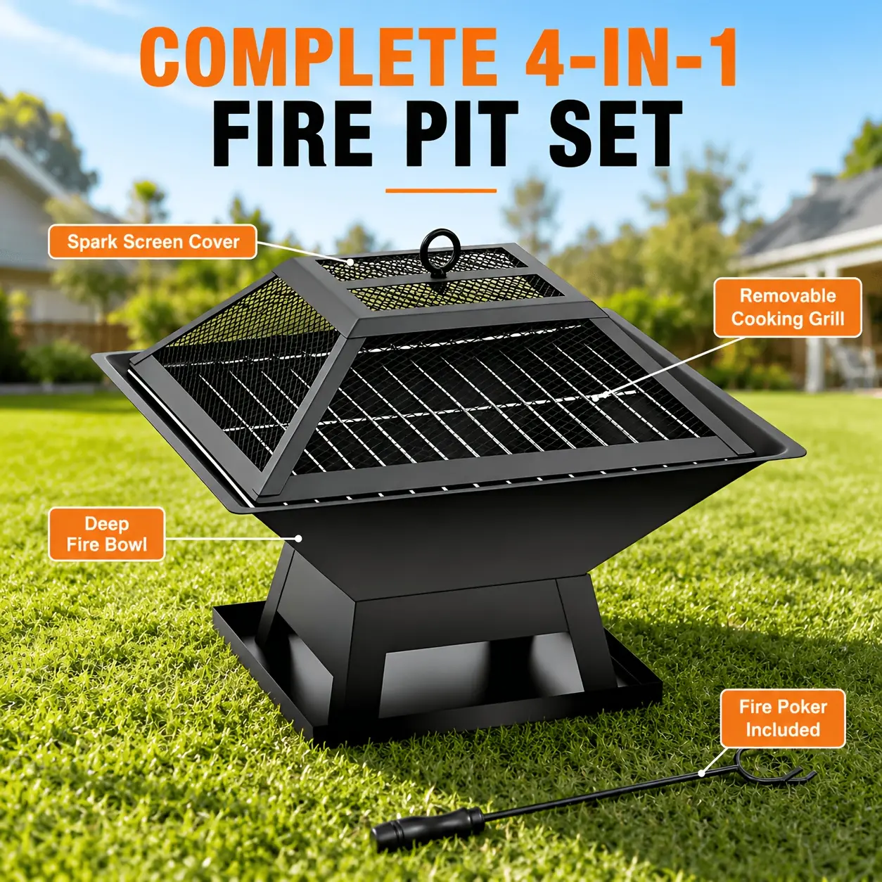Portable 4-In-1 Wood Burning Fire Pit with Removable Cooking Grill, Spark Screen & Fire Poker, Outdoor Firepit for Backyard BBQ, Camping, Patio Heating, Bonfire Nights & Outdoor Gatherings
