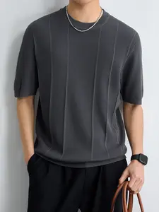 1Pc ADOLWEN Men's Vertical Striped Waffle Knit T-Shirt - Breathable Ice Silk Short Sleeve, Slim Fit Smart Casual Summer Top for Men