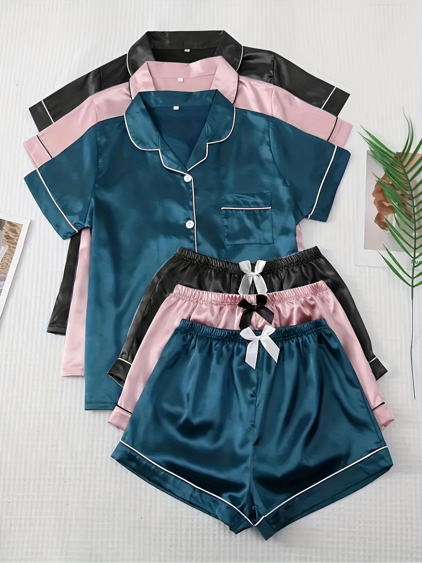 Fashion Six-Piece Women's Satin Pajama Set, Comfortable Lightweight Summer Sleepwear & Loungewear, Button Top and Bow Front Shorts, Casual Fitted Style, Leopard, Pjs Fashion Six-Piece Women's Satin Pajama Set, Comfortable Lightweight Summer Sleepwear & Loungewear, Button Top and Bow Front Shorts, Casual Fitted Style, Leopard, Pjs