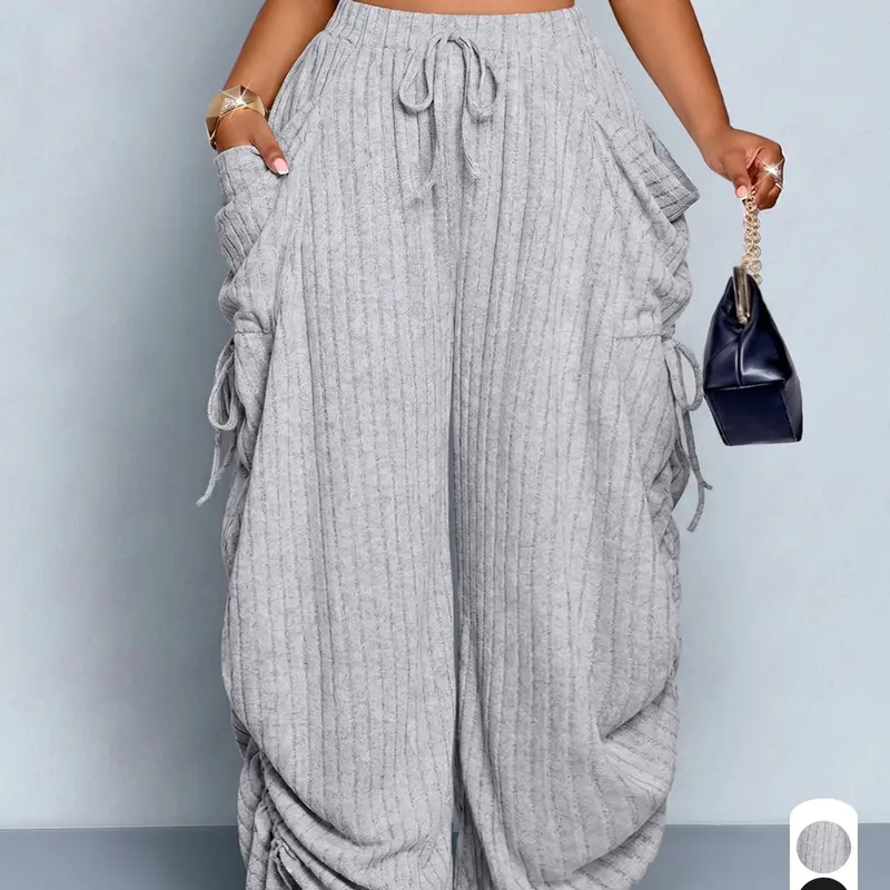 Women's Plus Size Fall & Winter Long Pants Elastic Drawstring Waist Wide Leg Trousers, High-Waist Loose-Fit Solid Pants with Functional Pockets, Casual Elegant Clothing for Daily Wear, Drawstring Palazzo Trousers