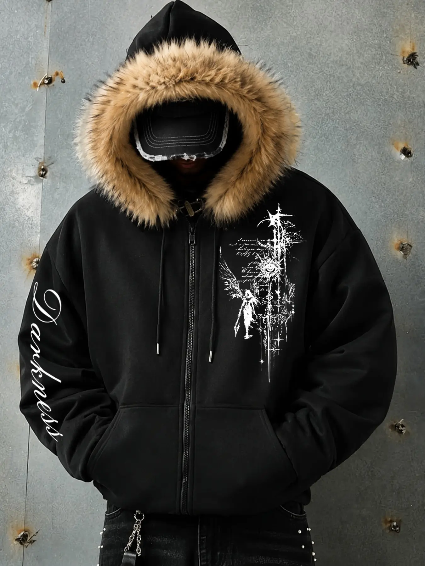 Men's Fall Winter Warm Fleece Collar Loose Hooded Jacket, Gothic Angel Cross Handwritten Letter Print, Thick Fabric, Durable Comfortable Outerwear