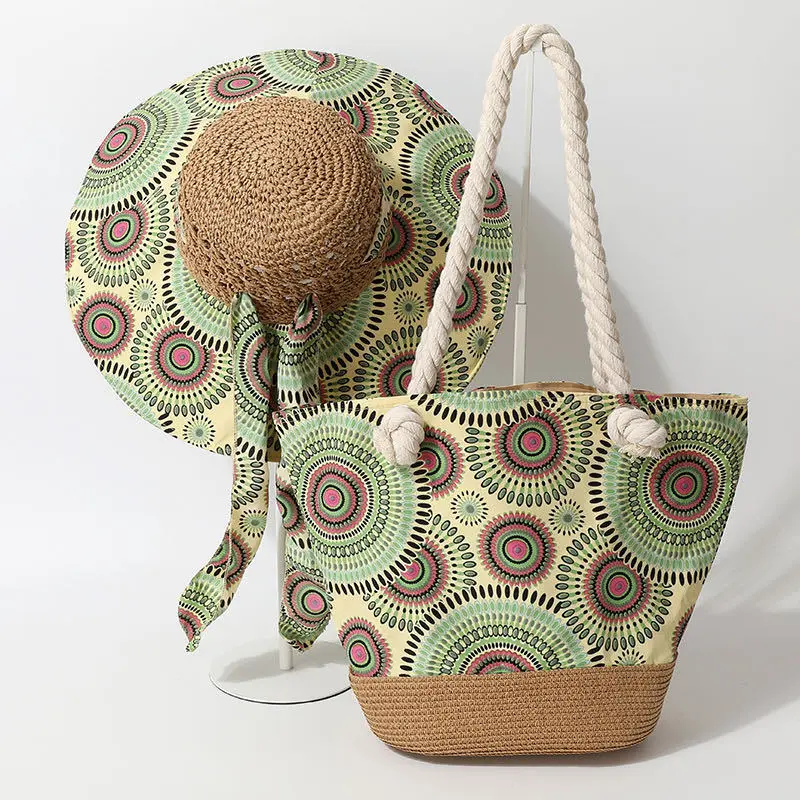 Boho Straw Hat and Tote Bag Set for Women - Summer Large Brim Sun Hat with Large Capacity Crossbody Shoulder Purse