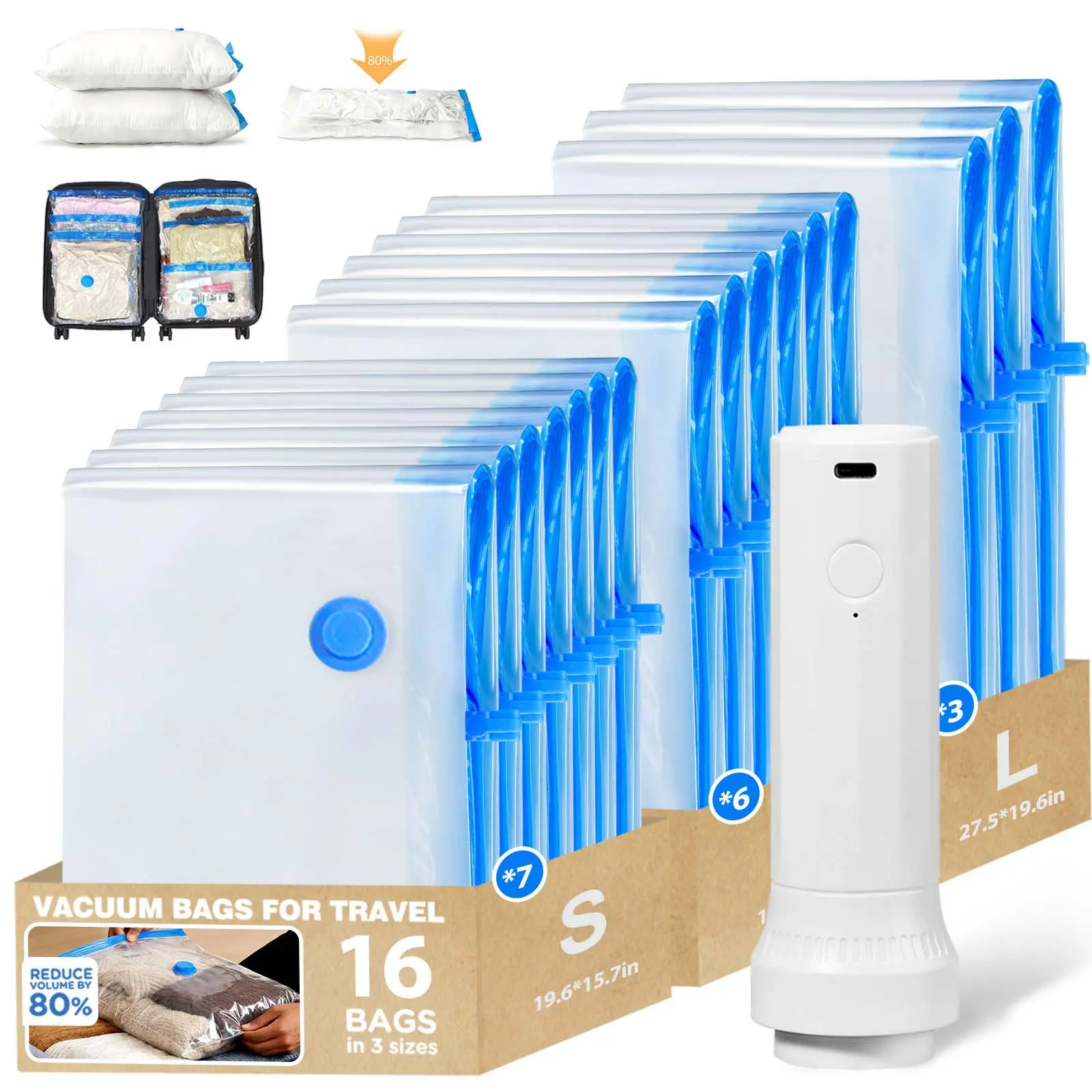 16/10-Piece Rechargeable Vacuum Compression Bags with Electric Pump, 4000 Pa Suction, Vacuum Seal Storage Bags, Travel Storage Compression Bags, Suitable for Clothes, Bedding, Pillows, Quilts, Blankets, Etc.