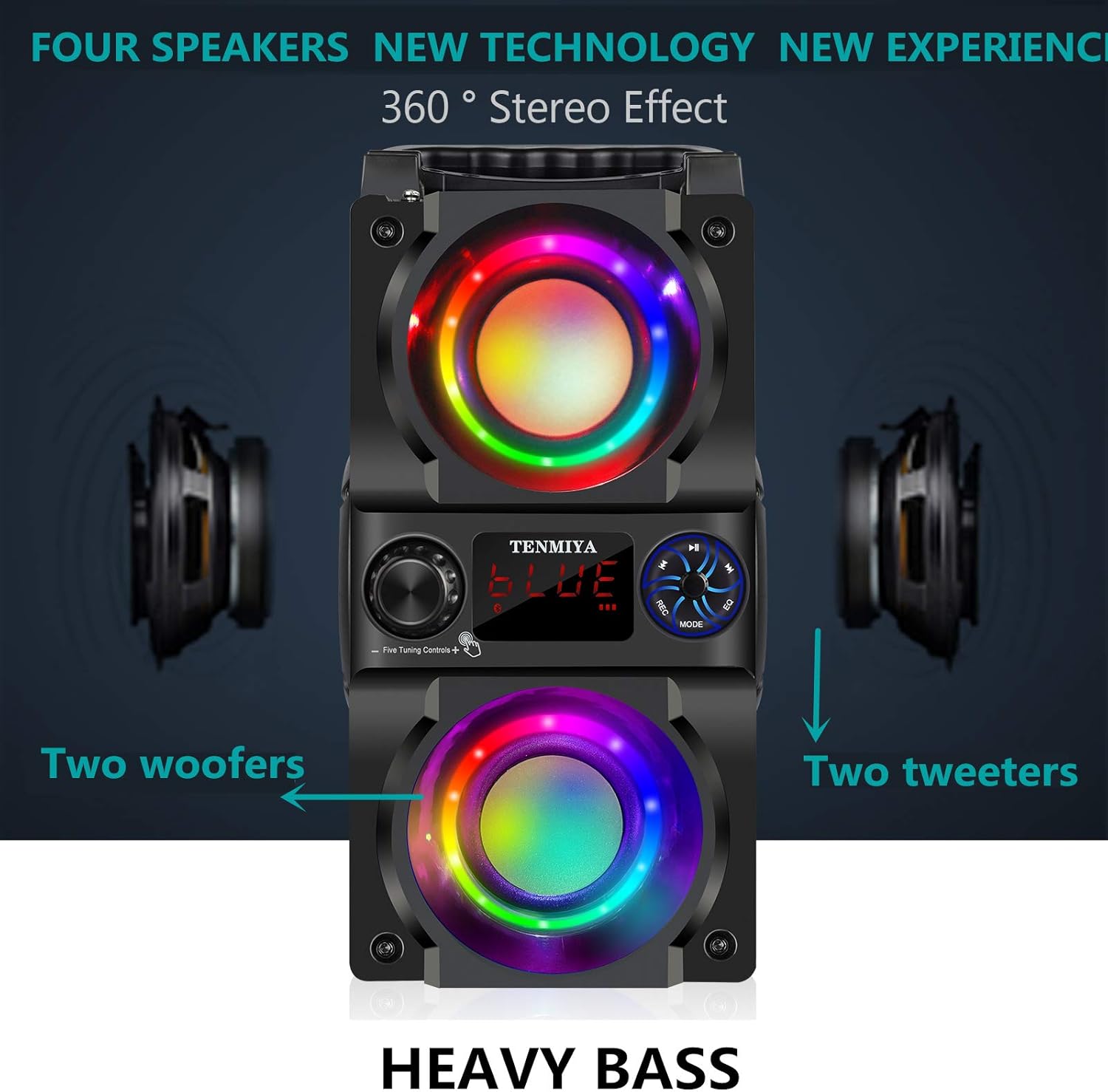 Bluetooth Speaker, 40W (60W Peak) Portable Wireless Speaker with Colorful Lights, Double Subwoofer Heavy Bass, FM Radio, MP3 Player, Bluetooth 5.0, Loud Stereo Speakers for Home Outdoor Party Camping for Gifts