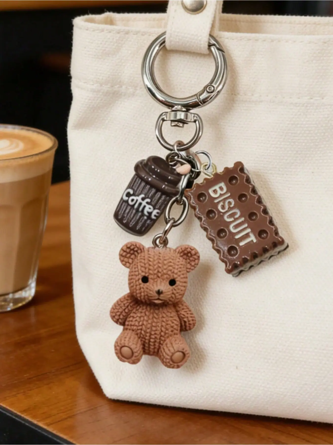 Cute Coffee Teddy Bear Keychain, Knitted Teddy, Mini Coffee Cup, Coffee Beans, Shiny Heart, Resin Bag Charm, Fashion Accessory, Gift Idea
