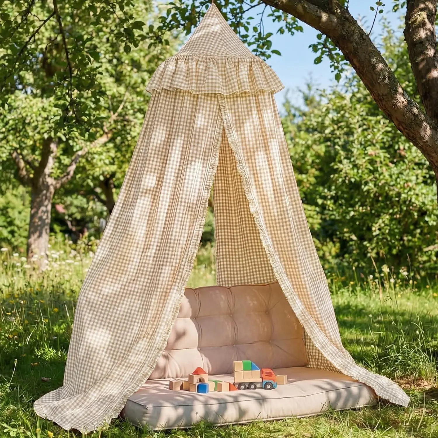 Gingham Plaid Bed Canopy with Ruffles Soft Vintage Style Decorative Tent for Reading Nook Play Area or Adult Bedroom Circus Tent Canopy(Beige)