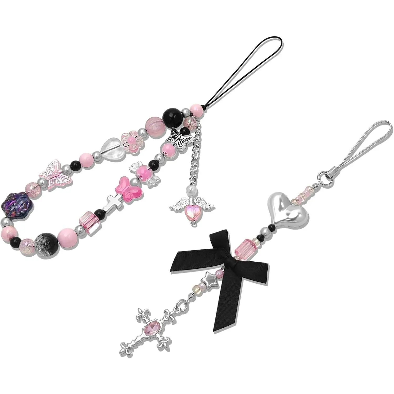 2 Pack Phone Charms, Cute Aesthetic Beaded PhoneCharm Strap Phone Lanyard String PhoneChain Accessories for Bag  Airpods Camera Pendants