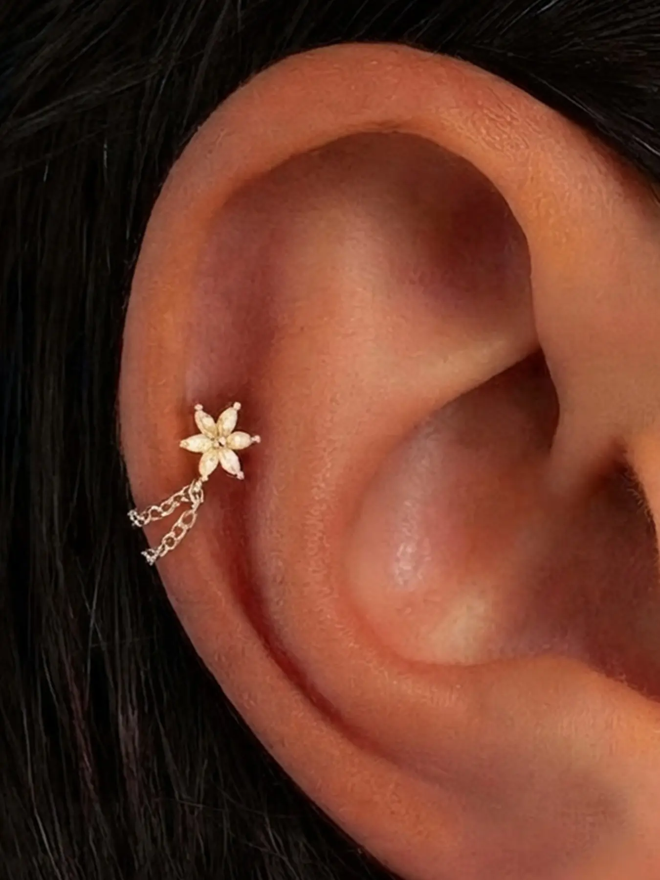 S925 Sterling Silver Floral CZ Chain Tassel Flat Back Earrings, Flower Dangle Threaded Cartilage Piercing Labret Studs for Women