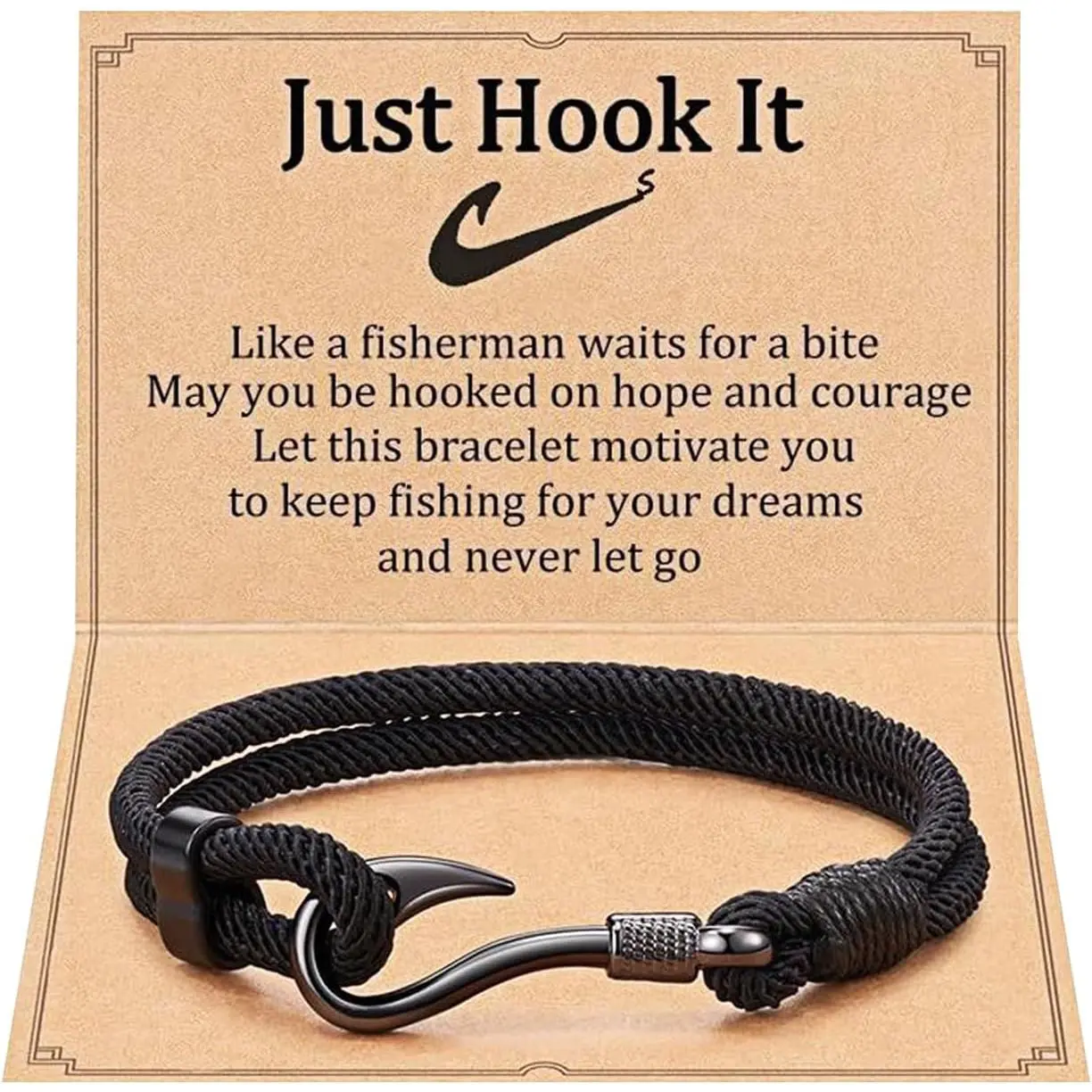 Fish Hook Bracelet for Men Women: Adjustable Stainless Steel Nylon Braided Wrap Rope Bracelet Just Hook It Fishing Gifts for Fisherman with Message Card