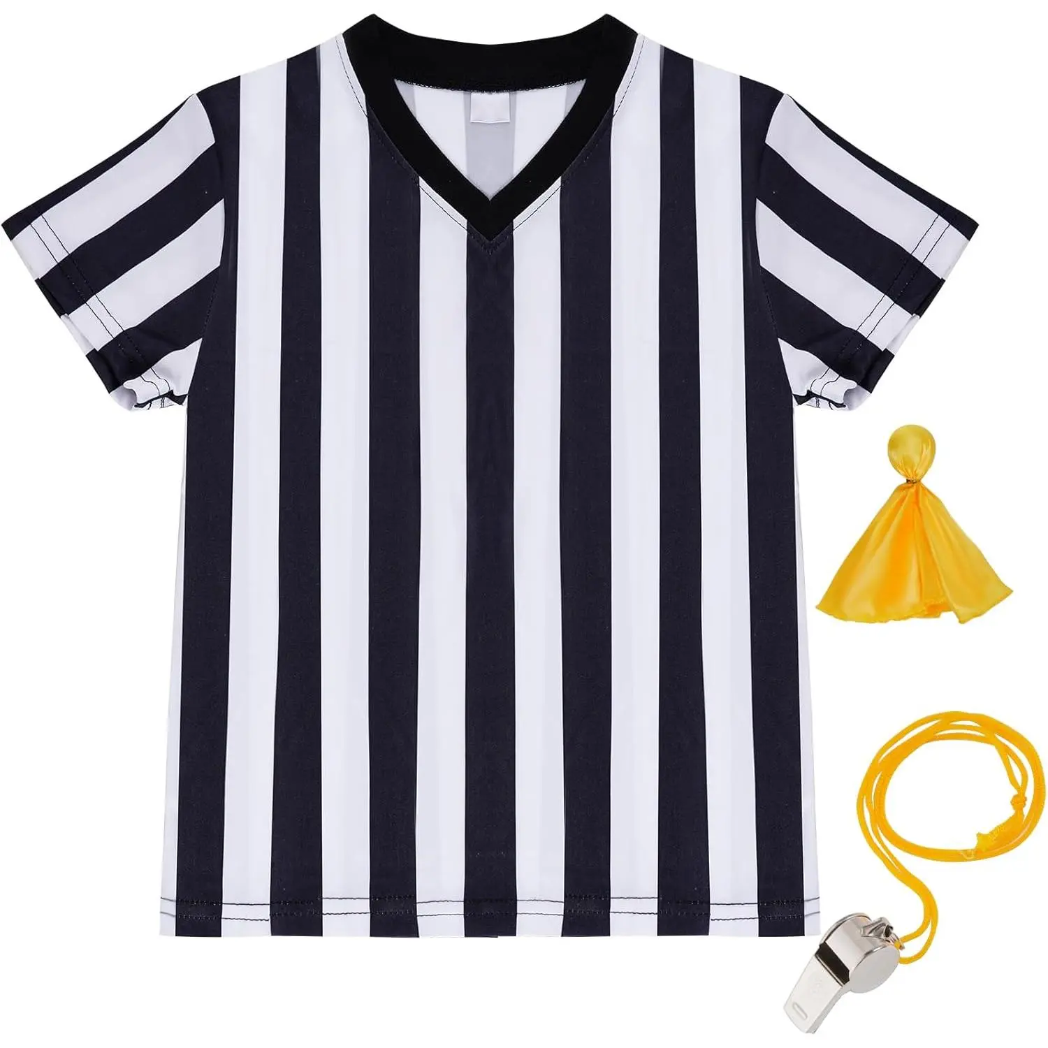Kids Referee Shirt Costume, Black and White Stripe V Neck Referee Shirt, Yellow Penalty Flag and Whistle