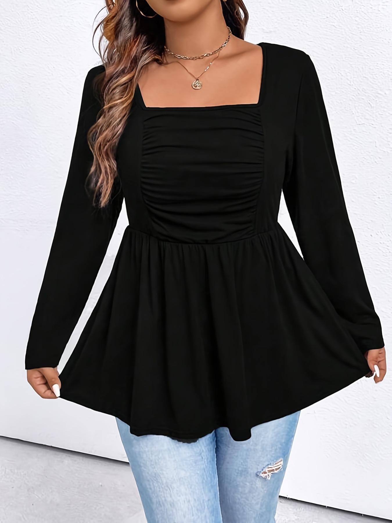 Plus Size Fitted Solid Ruched Peplum Tee, Casual Elegant Square Neck Long Sleeve T-shirt for Spring & Fall, Women's Plus Clothing for Daily Wear