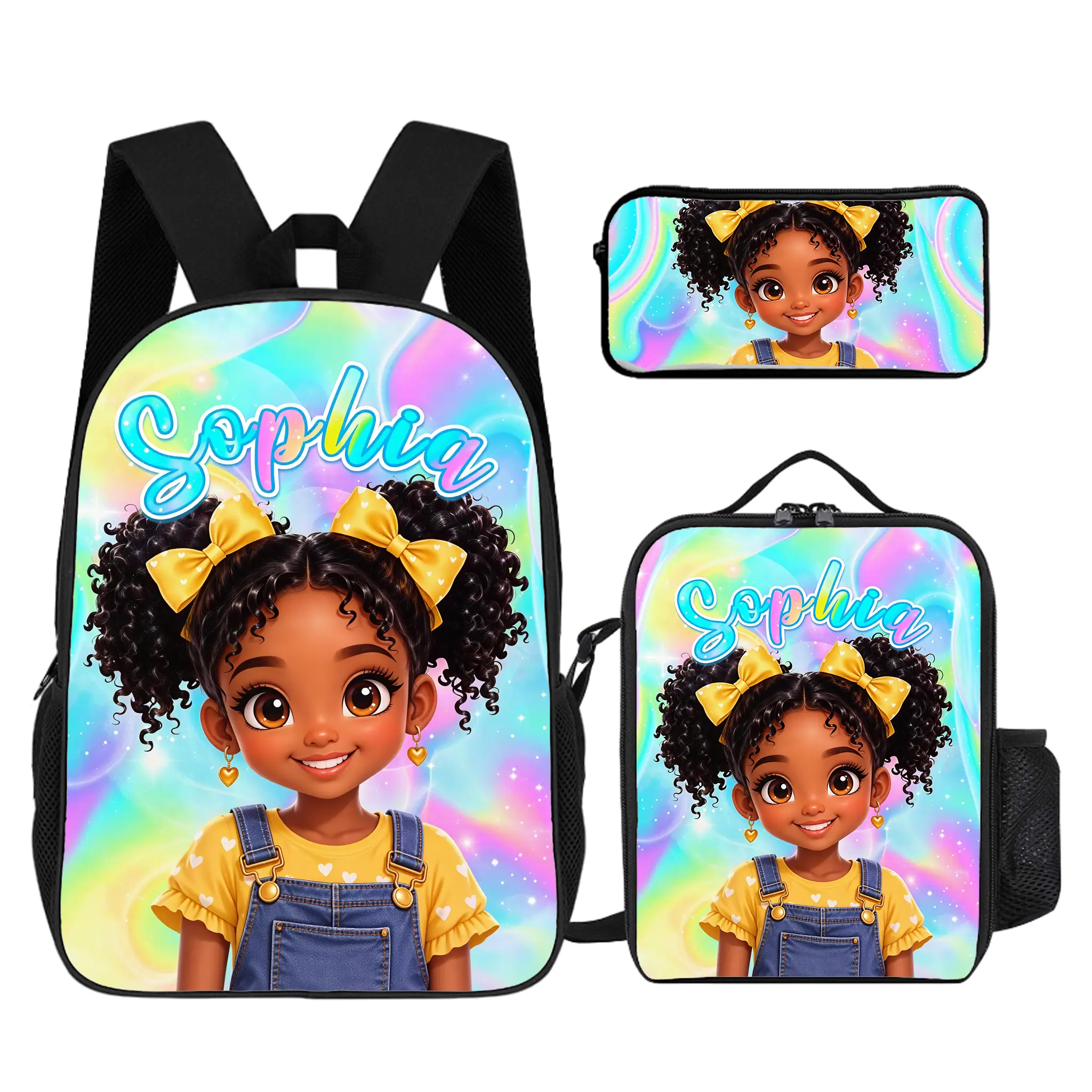 School Essential 3Pcs Afro Girl Princess Backpack Set, Custom Name Printable School Bag Specially For Black Girls. Durable Kid-Friendly Design, Ideal Gift For Preschool And Primary School Students.   # TikTokMadeMeBuyIt # GirlsPrincessBackpack # CustomNam
