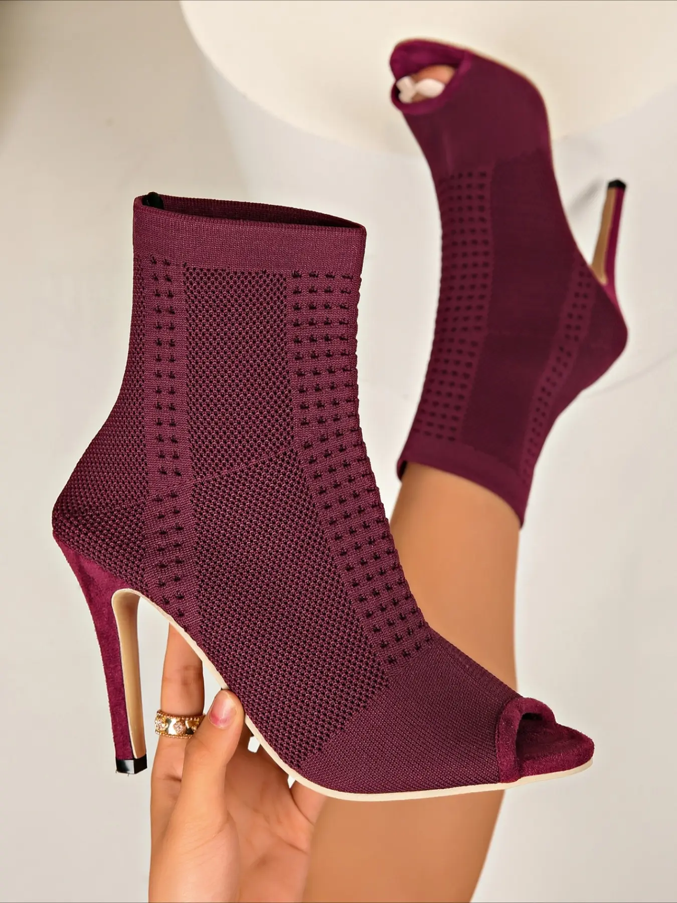 Wine red mesh peep toe stretch ankle boots slip-on stiletto knit sock boots breathable hollow summer women shoes