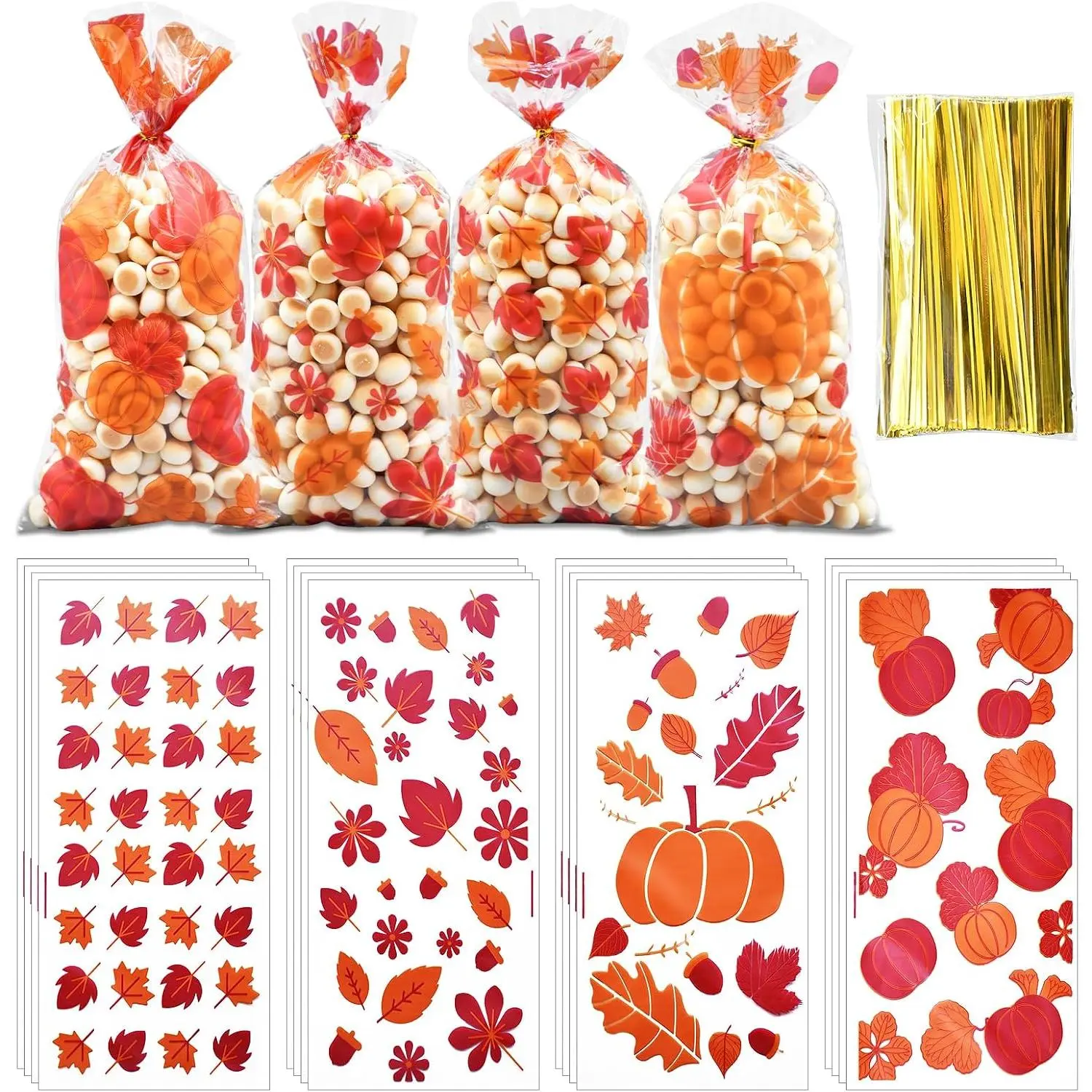 160 count 4 Styles Fall Harvest Cellophane  Candy Bags with Twist Ties - Pumpkin and Leaf Designs Clear Goodie Bags for , Thanksgiving Day Party Favors, and Autumn Snack Decorations