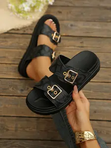 2026 Summer New Retro Solid Pattern Two Buckle Flat Sandals, Print Thick Sole Slip-On Shoes, Beach Vacation Trendy Footwear