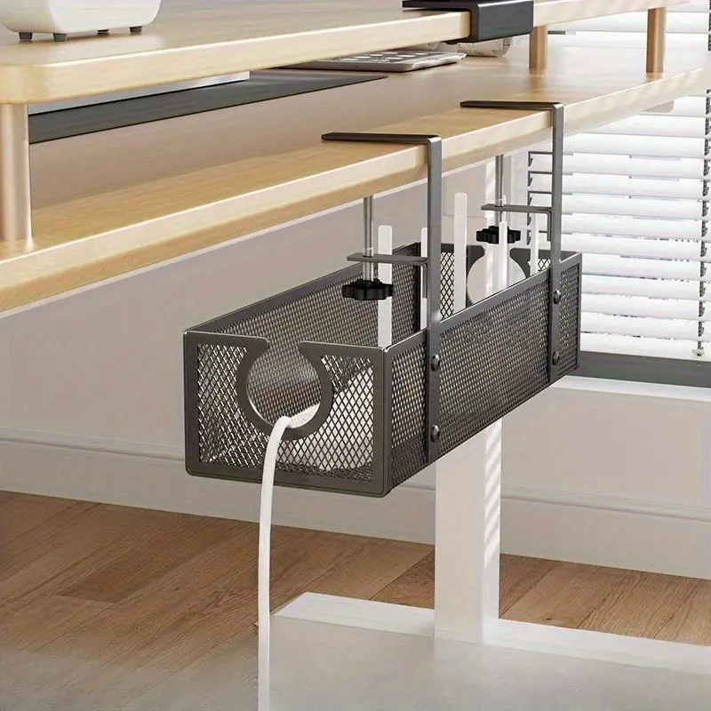 Hole-Free Iron Art Under-Desk Storage Basket with Cable Organizer, Adjustable Carbon Steel Wall-Mounted Shelf for Office & Classroom, Space-Saving Desk Storage Solution, Cord Storage, Cord Management Holders