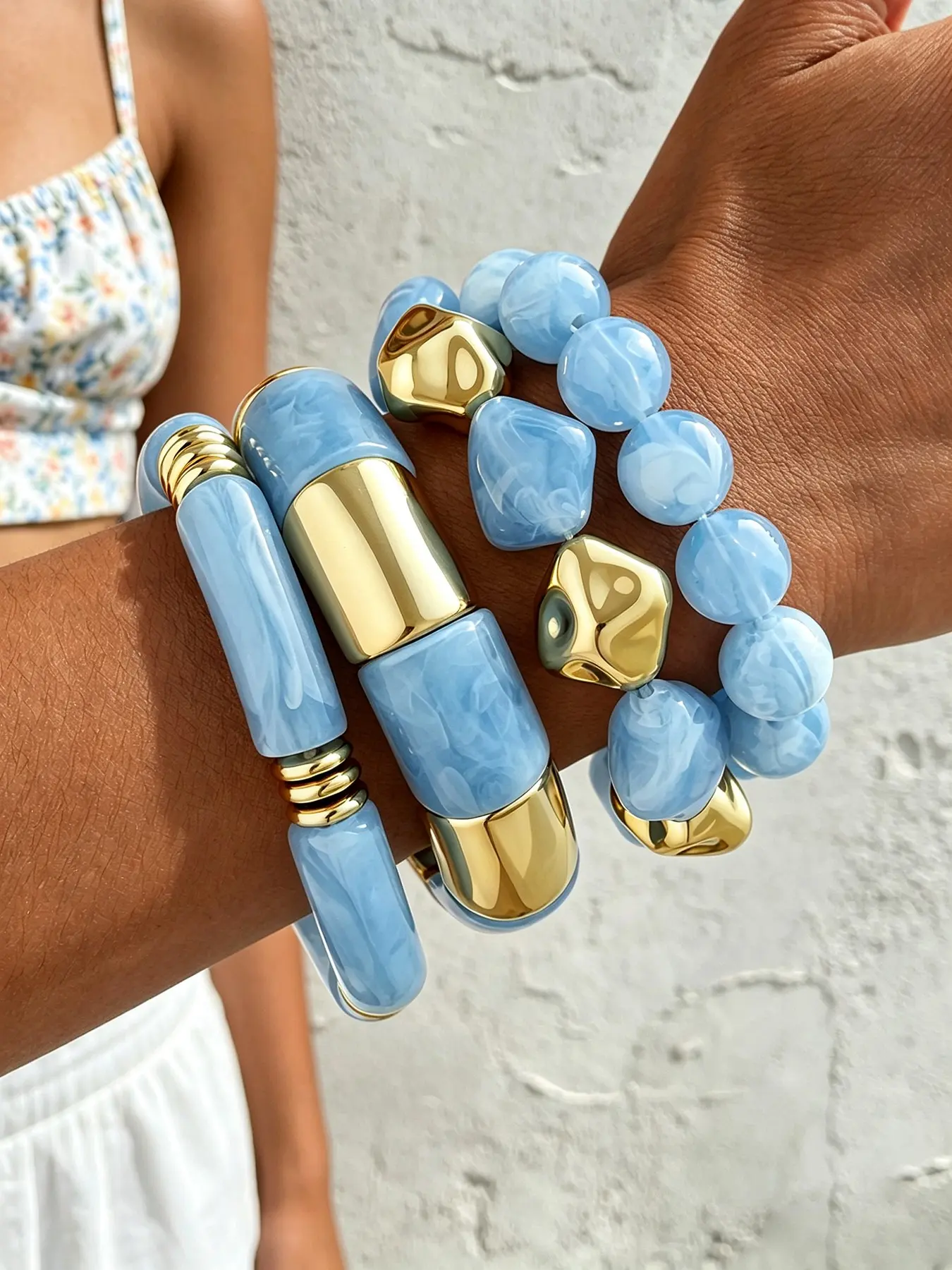 4-Piece Retro Bohemian Bracelet Set, Blue Beaded Resin Abs Bangle, Stacking Bangles, Women's Daily Wear, Perfect Gift for Friends and Family