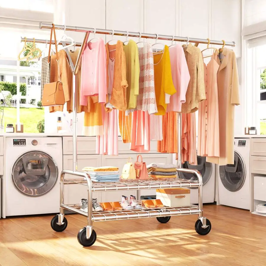 Clothes Rack And Cabinetn Shoe Rack Versatile Storage - Heavy Duty 330LBS Garment Rack With Wheels, Adjustable Double Rods & Portable Design Commercial/Home Hanging Storage,Room Decor,Home Decor