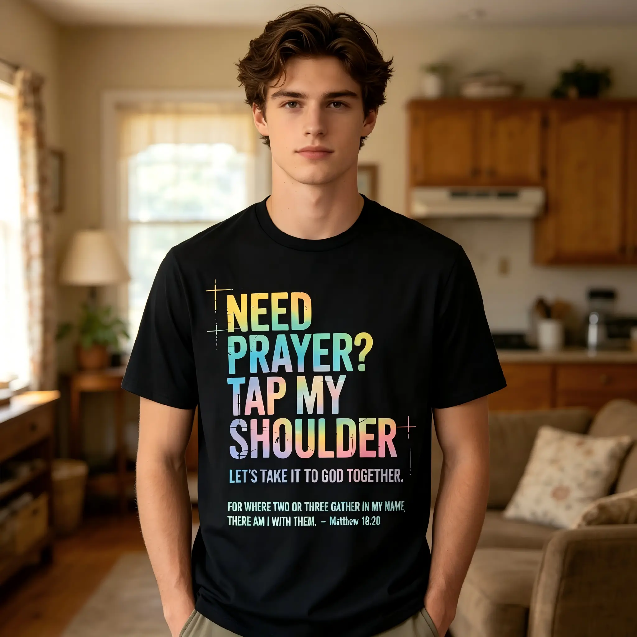 Men's Christian 100% Cotton Shortsleeve Round Neck T-Shirt - Prayer Hand Graphic, Colorful Bible Verse Slogan, Stylish Streetwear Fabric Top, Menswear for Business & Casual Wear, All Seasons