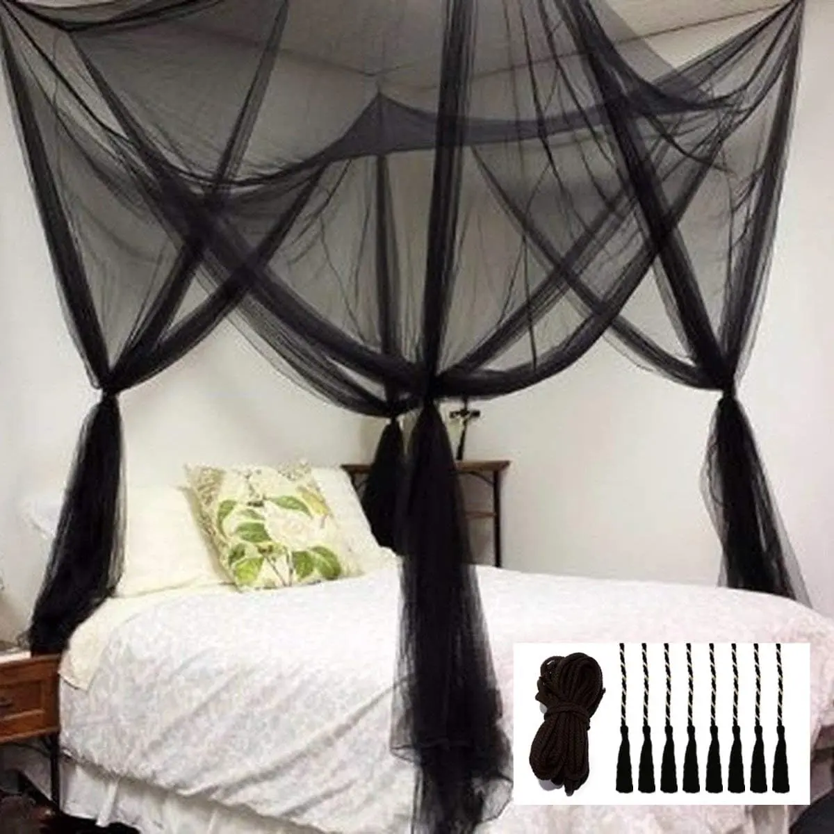 Gothic Black Bed Canopy Curtains Mosquito Net, Fits Full Queen King Size Bed, Screen Netting Bed Drapes for Patio Indoor Outdoor Gothic Room Decor